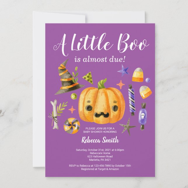 Halloween A Little Boo Pumpkin Baby Shower Purple Invitation (Front)