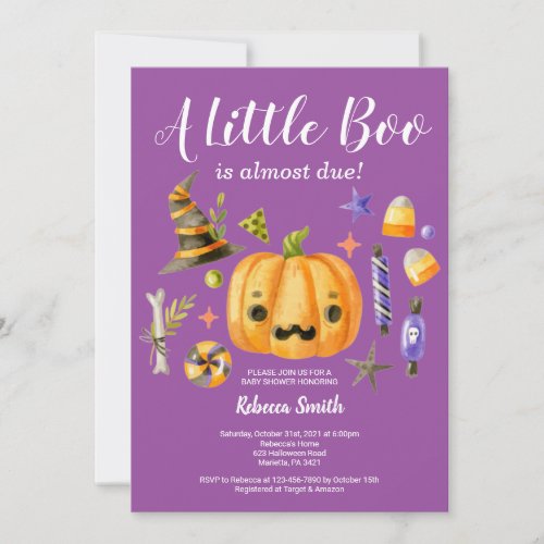 Halloween A Little Boo Pumpkin Baby Shower Purple Invitation