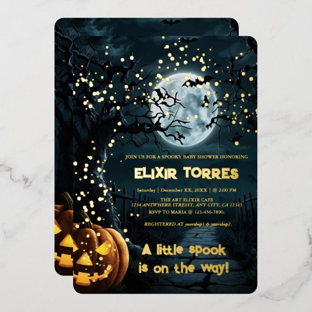 Halloween A Little Spook Pumpkin Baby Shower Foil Foil Invitation (Front/Back)