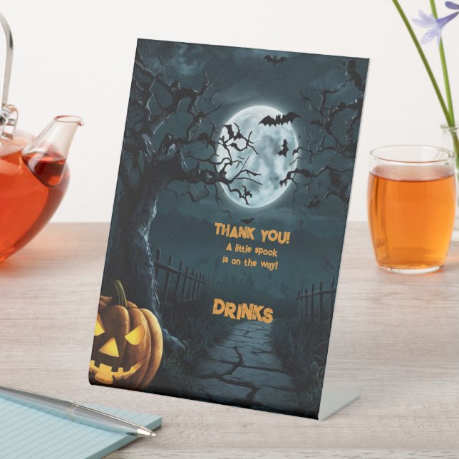 Halloween A Little Spook Pumpkin Baby Shower Pedestal Sign (In SItu)