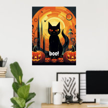Halloween Abstract Black Cat and Pumpkin Design