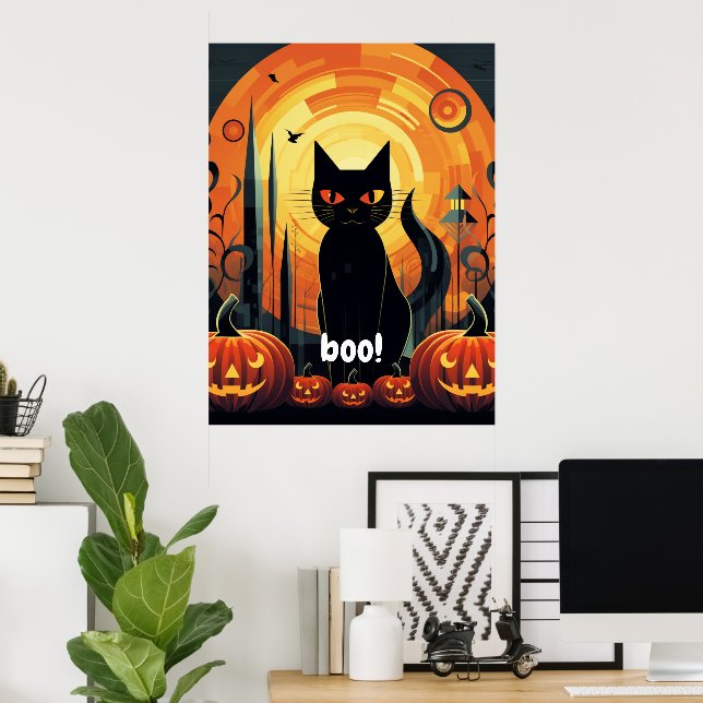 Halloween Abstract Black Cat and Pumpkin Design Poster (Home Office)