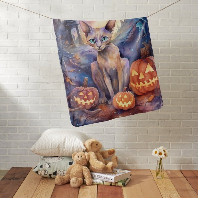 Halloween Abyssinian Cat With Pumpkin Scary Baby Blanket (In Situ)