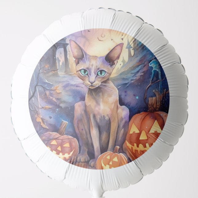 Halloween Abyssinian Cat With Pumpkin Scary Balloon (Front)