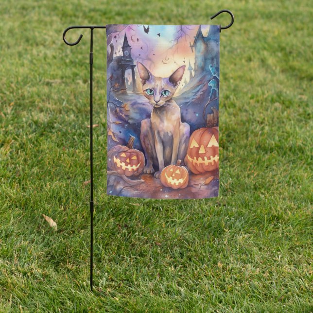 Halloween Abyssinian Cat With Pumpkin Scary Garden Flag (In SItu)