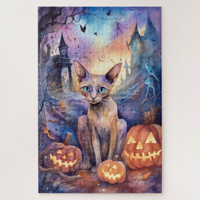 Halloween Abyssinian Cat With Pumpkin Scary Jigsaw Puzzle (Vertical)