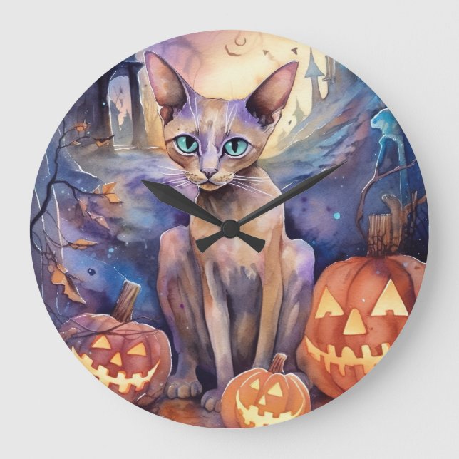 Halloween Abyssinian Cat With Pumpkin Scary Large Clock (Front)