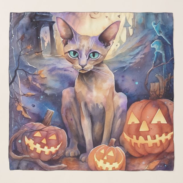 Halloween Abyssinian Cat With Pumpkin Scary Scarf (Front)