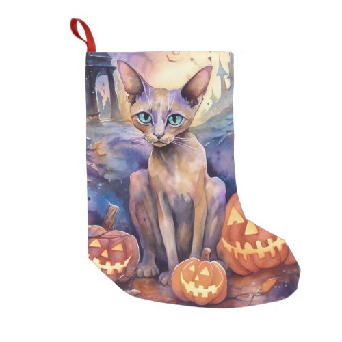 Halloween Abyssinian Cat With Pumpkin Scary Small Christmas Stocking