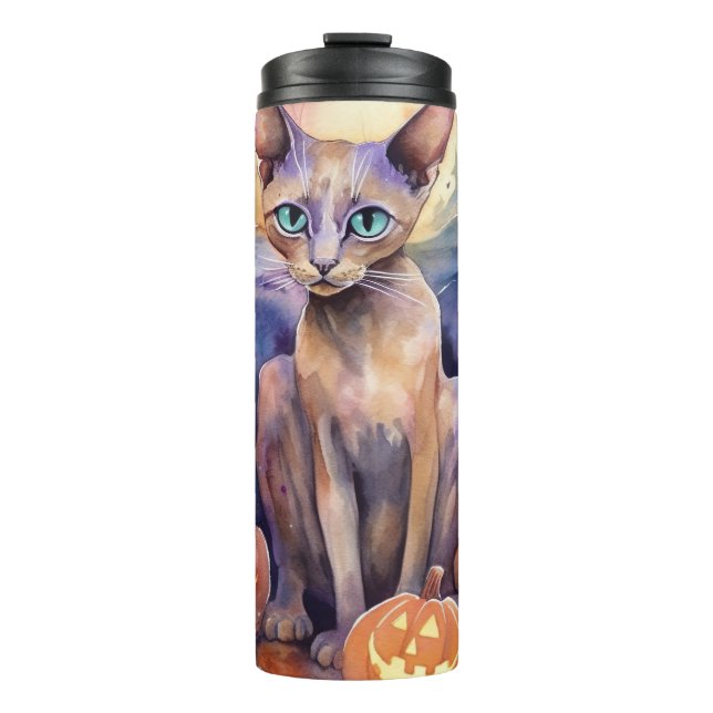 Halloween Abyssinian Cat With Pumpkin Scary Thermal Tumbler (Front)