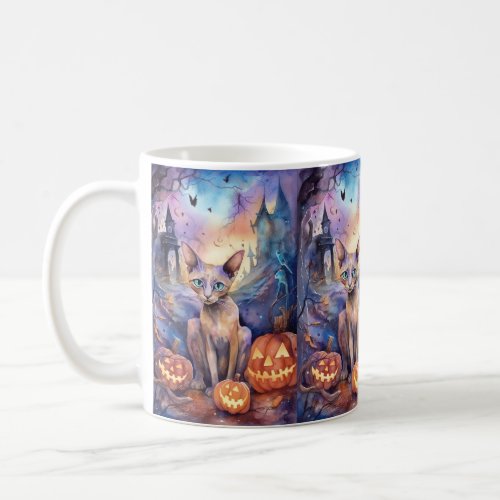 Halloween Abyssinian Cat With Pumpkins Scary Coffee Mug