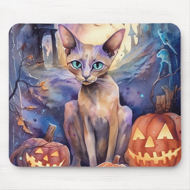 Halloween Abyssinian Cat With Pumpkins Scary Mouse Pad (Front)