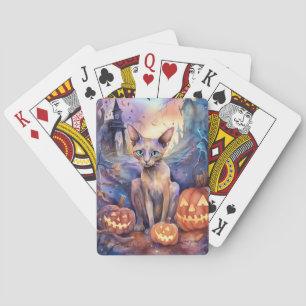 Halloween Abyssinian Cat With Pumpkins Scary Poker Cards