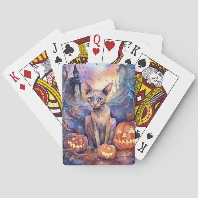 Halloween Abyssinian Cat With Pumpkins Scary Poker Cards (Back)