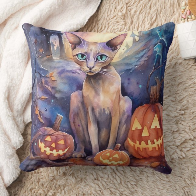 Halloween Abyssinian Cat With Pumpkins Scary Throw Pillow (Blanket)