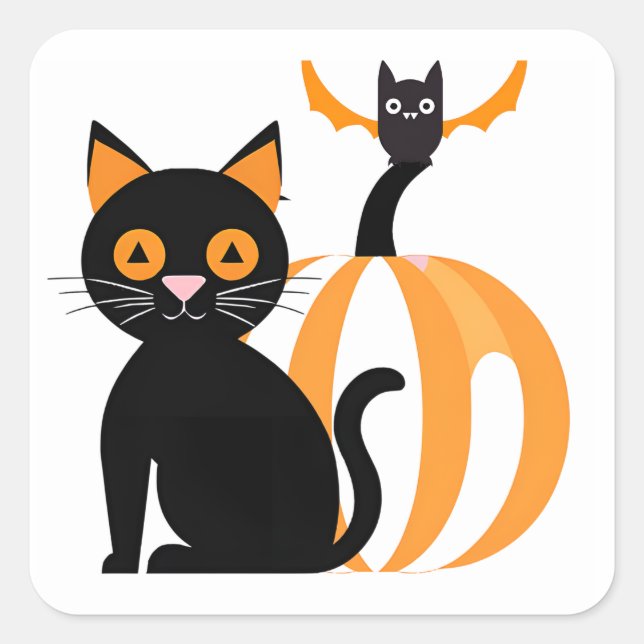 Halloween Adorable Black Cat Pumpkin and Bat Square Sticker (Front)