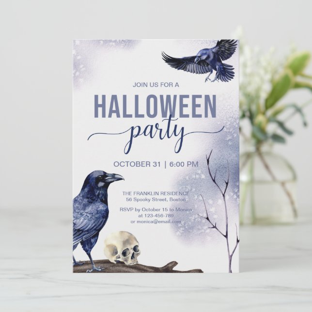 Halloween Adult Party Watercolor Gothic Raven Invitation (Standing Front)