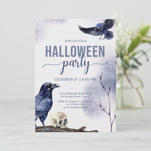 Halloween Adult Party Watercolor Gothic Raven Invitation