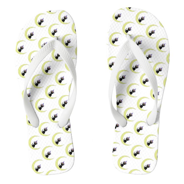 Halloween Adult, Wide Strap Flip Flops/Black Cat Flops (Footbed)