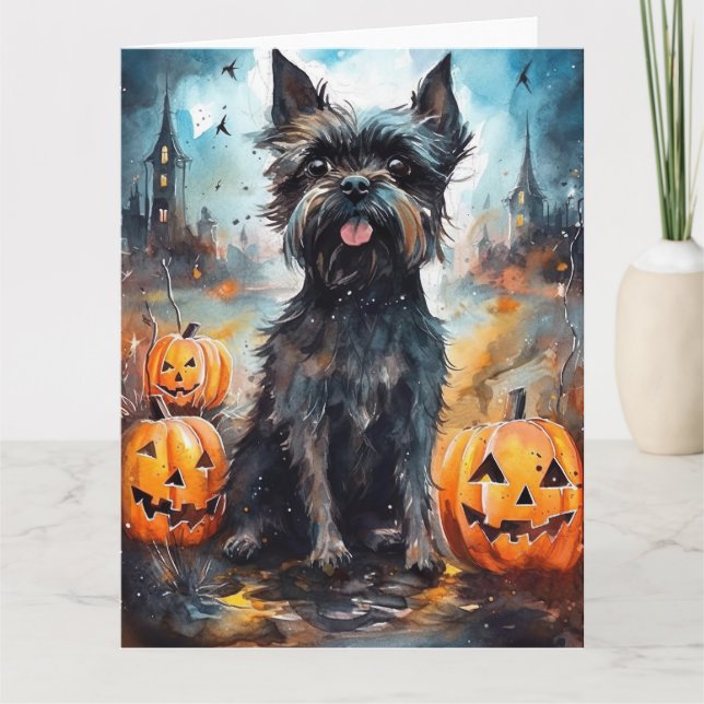 Halloween Affenpinscher With Pumpkins Scary Card (Front)
