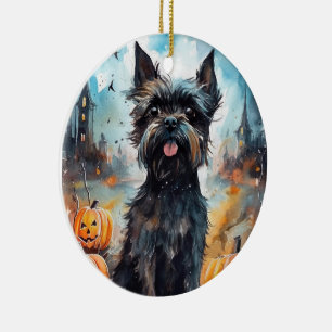 Halloween Affenpinscher With Pumpkins Scary Ceramic Ornament