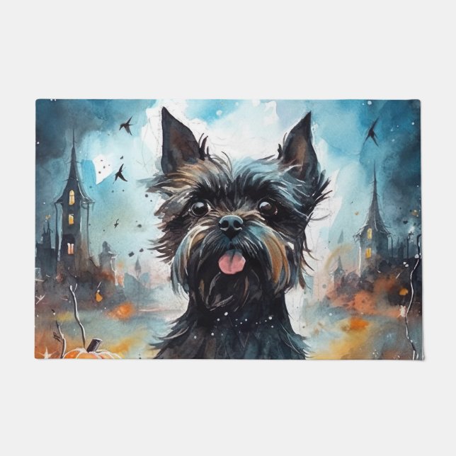 Halloween Affenpinscher With Pumpkins Scary Doormat (Front)