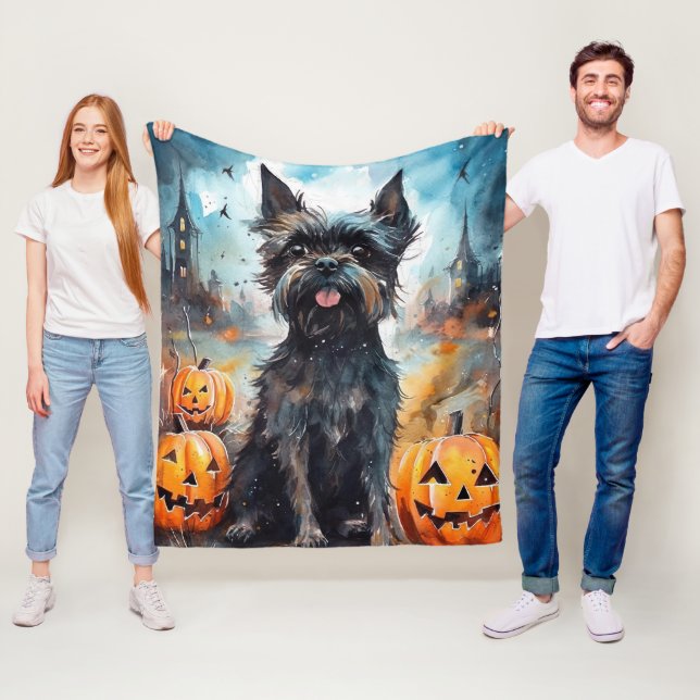 Halloween Affenpinscher With Pumpkins Scary Fleece Blanket (In Situ)