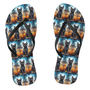 Halloween Affenpinscher With Pumpkins Scary Flip Flops