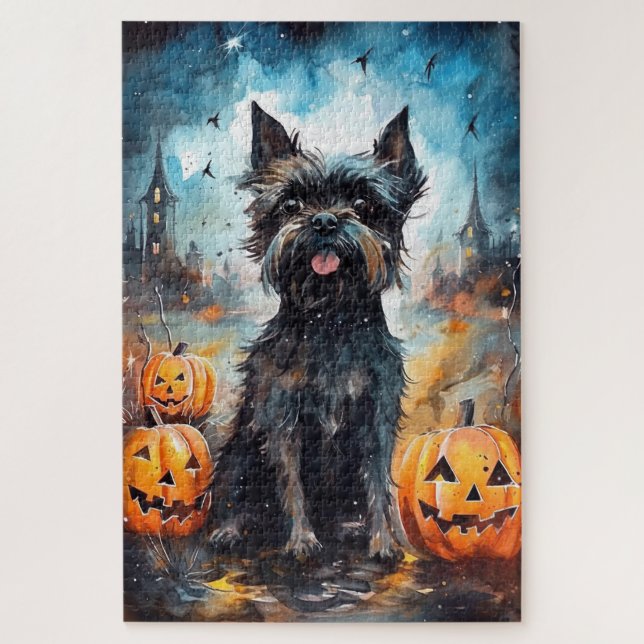 Halloween Affenpinscher With Pumpkins Scary Jigsaw Puzzle (Vertical)
