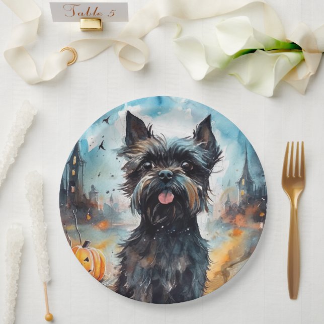 Halloween Affenpinscher With Pumpkins Scary Paper Plates (Wedding)