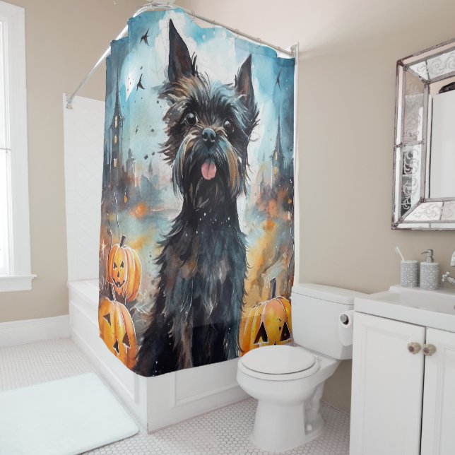 Halloween Affenpinscher With Pumpkins Scary Shower Curtain (In Situ)