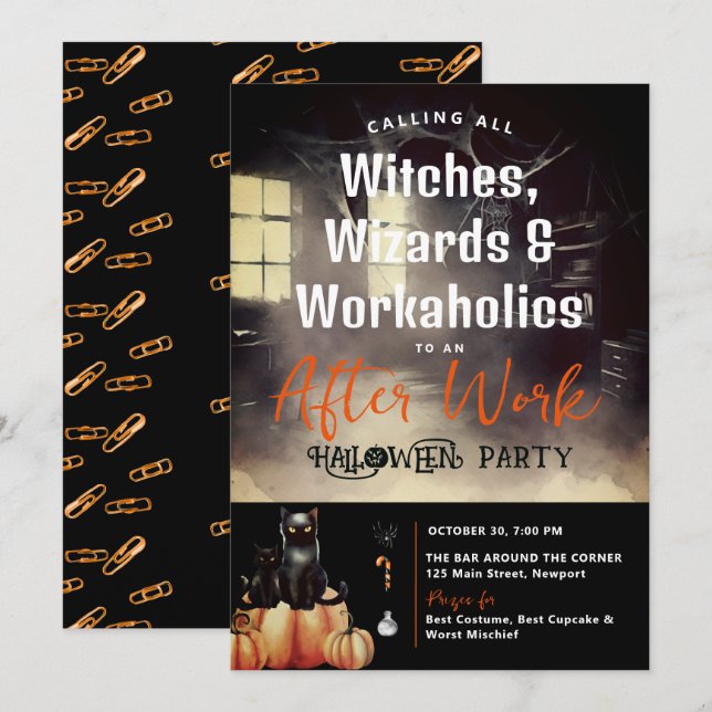 Halloween After-Work Party Black Cat Pumpkin Black Invitation (Front/Back)