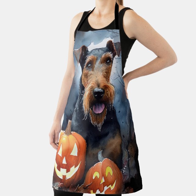Halloween Airedale With Pumpkins Scary Apron (Insitu)