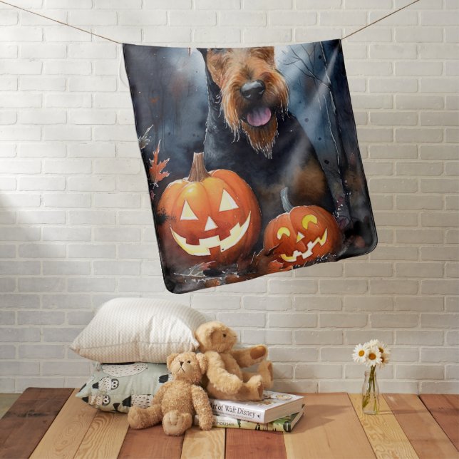 Halloween Airedale With Pumpkins Scary Baby Blanket (In Situ)