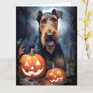 Halloween Airedale With Pumpkins Scary Card