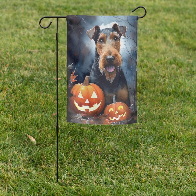 Halloween Airedale With Pumpkins Scary Garden Flag (In SItu)