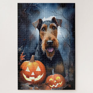 Halloween Airedale With Pumpkins Scary Jigsaw Puzzle