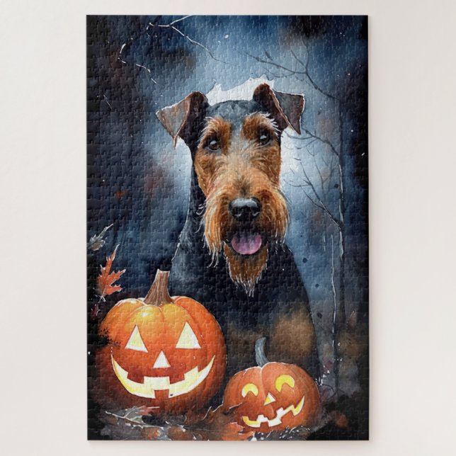 Halloween Airedale With Pumpkins Scary Jigsaw Puzzle (Vertical)