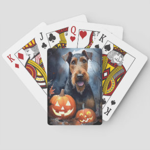 Halloween Airedale With Pumpkins Scary Poker Cards