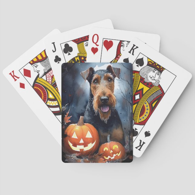 Halloween Airedale With Pumpkins Scary Poker Cards (Back)
