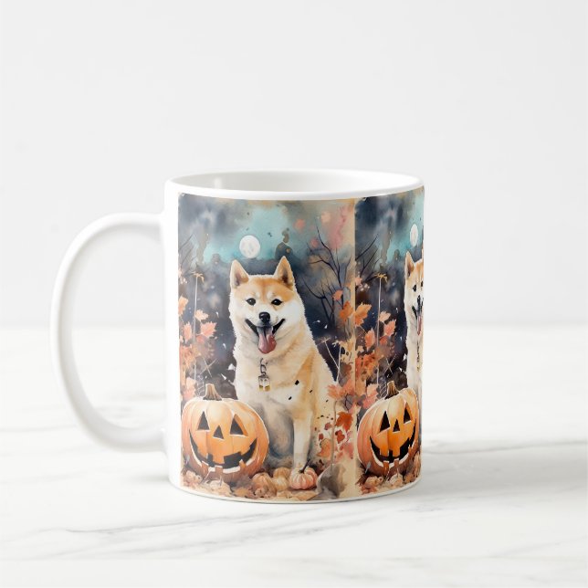 Halloween Akita With Pumpkins Scary Coffee Mug (Left)