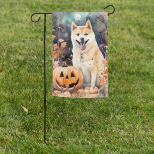 Halloween Akita With Pumpkins Scary Garden Flag