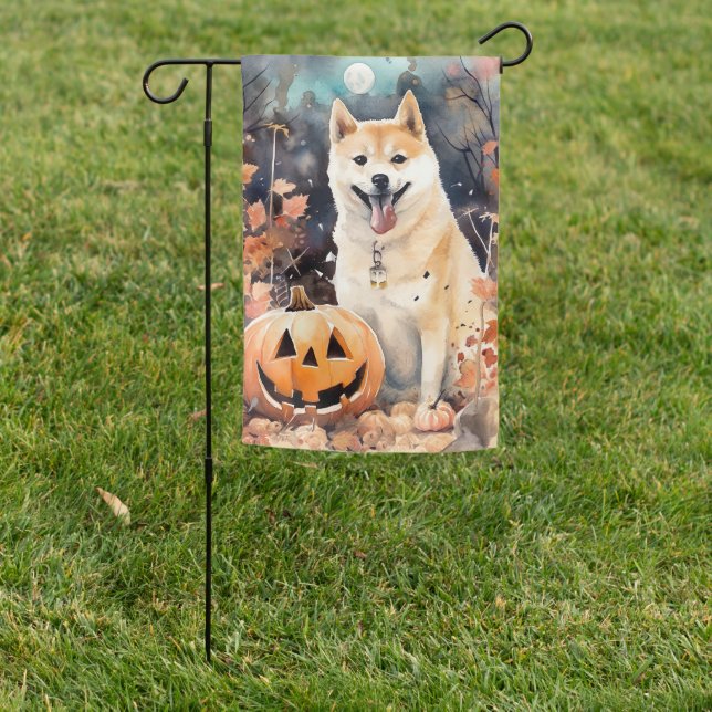 Halloween Akita With Pumpkins Scary Garden Flag (In SItu)