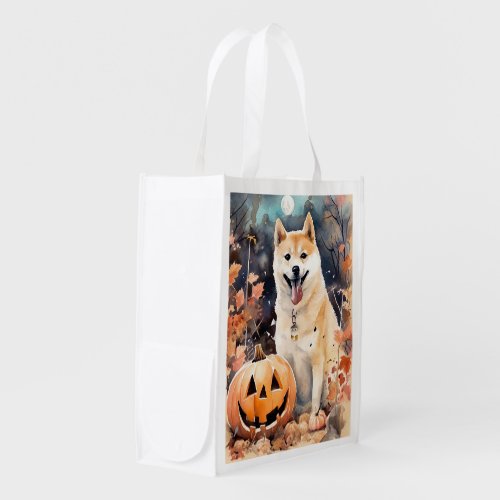 Halloween Akita With Pumpkins Scary Grocery Bag