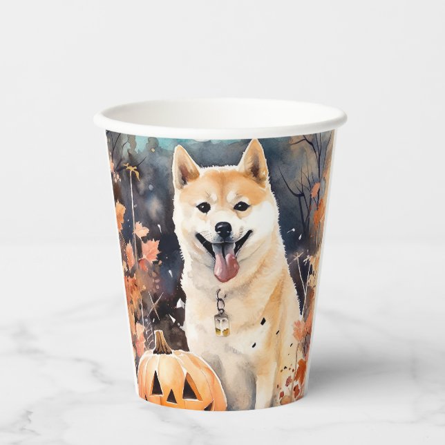 Halloween Akita With Pumpkins Scary Paper Cups (Front)