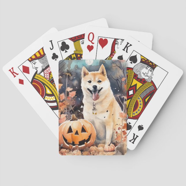 Halloween Akita With Pumpkins Scary Poker Cards (Back)