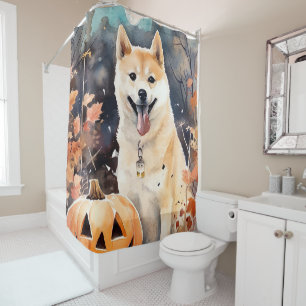Halloween Akita With Pumpkins Scary Shower Curtain