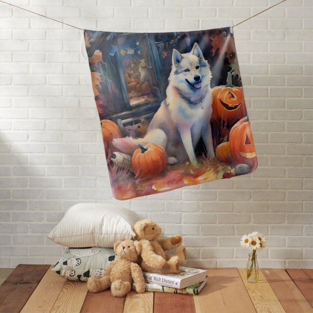 Halloween Alaskan Malamute With Pumpkins Scary Baby Blanket (In Situ)