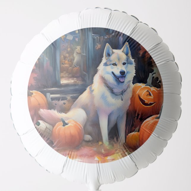 Halloween Alaskan Malamute With Pumpkins Scary Balloon (Front)