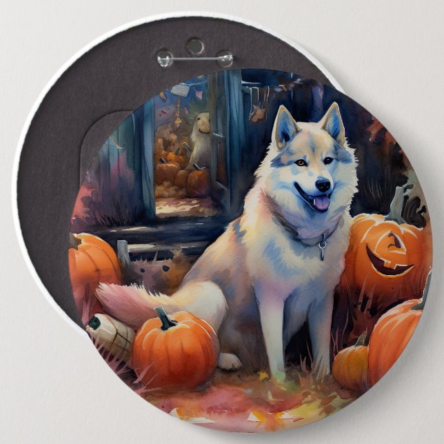Halloween Alaskan Malamute With Pumpkins Scary Button (Front & Back)